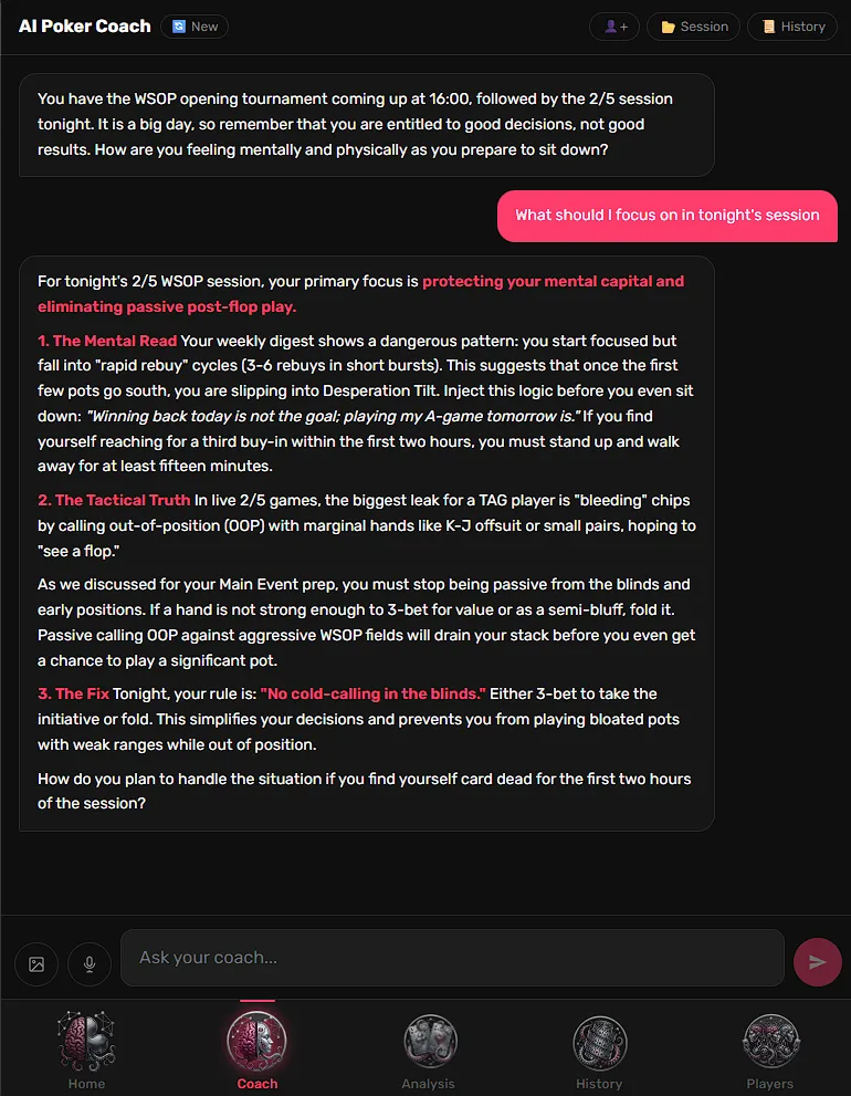 OctoCoach chat where the AI coach references the player's own history: fatigue leak, autopilot pattern, and injustice tilt