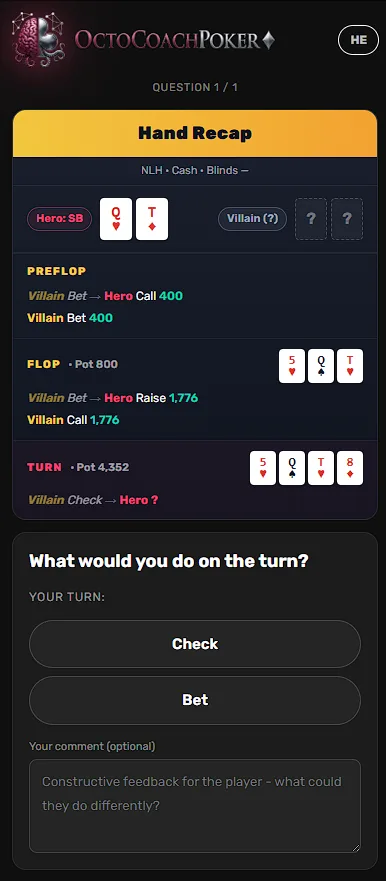 OctoCoach hand poll asking what the viewer would do on the turn, with Check and Bet options