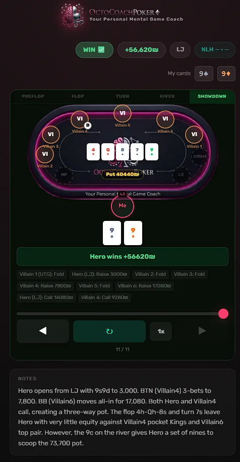 Public OctoCoach hand replay at showdown: board, hole cards, masked opponents, and the result banner