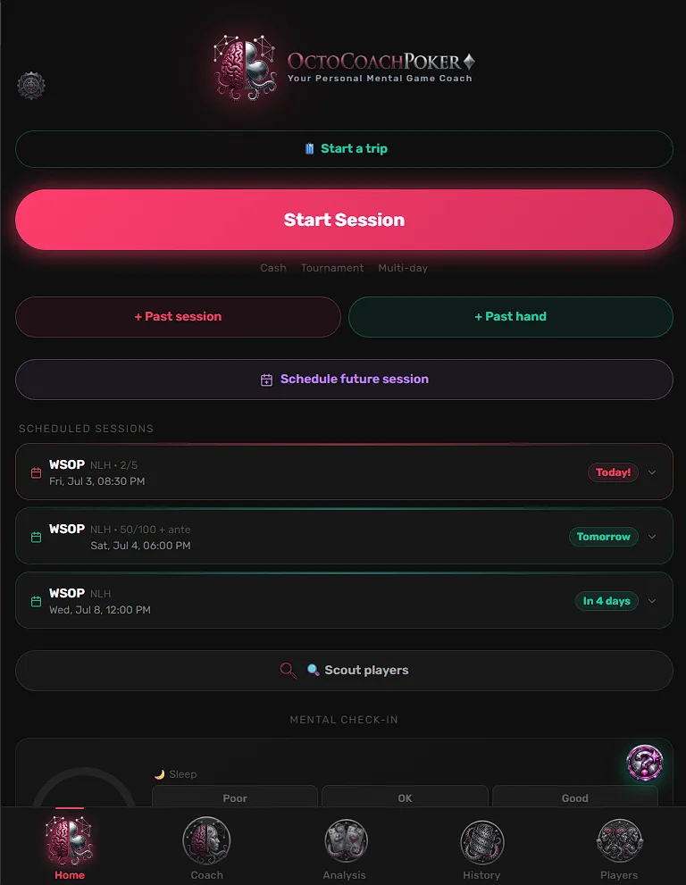 OctoCoach home screen with upcoming scheduled poker sessions labeled Today, Tomorrow, and In 4 days
