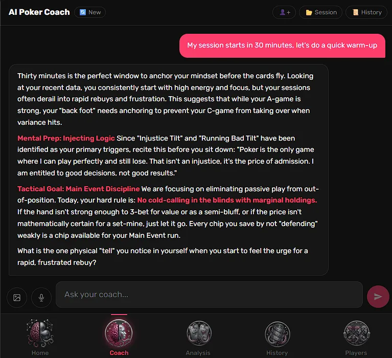 Pre-session warm-up chat in OctoCoach: the player asks for a quick warm-up and the coach sets a hard rule for tonight